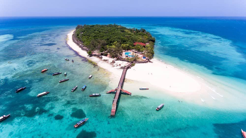 Aerial view of Prison Island, Zanzibar, ringed by turquoise water